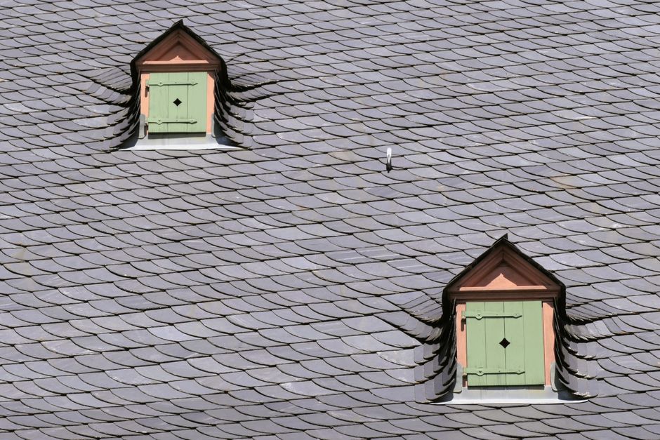 Close-up of a slate rooftop featuring two green shuttered dormers under daylight.